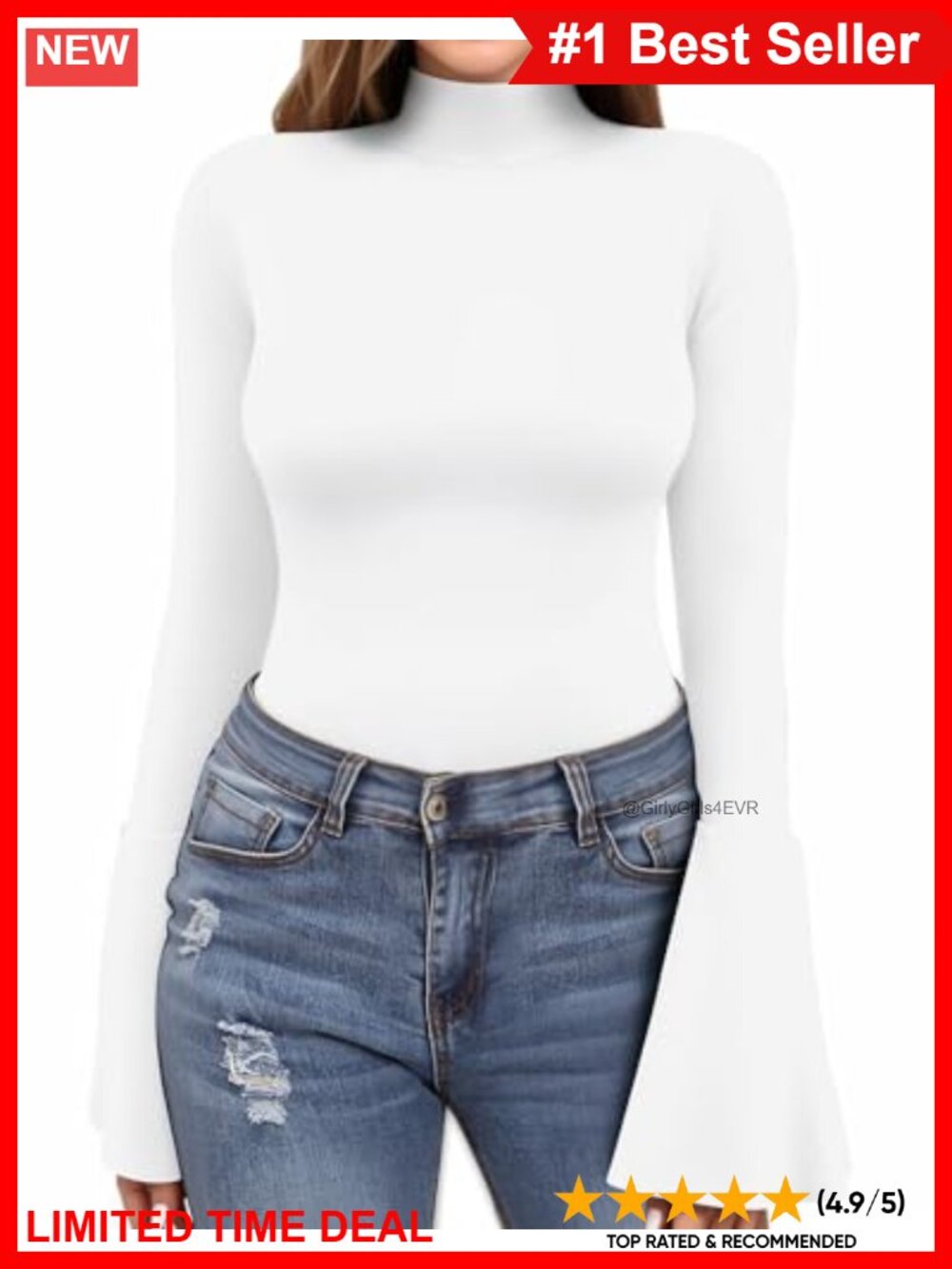 Long Sleeve Mock Neck Bell Sleeve Top Fitted Pull On Blouse